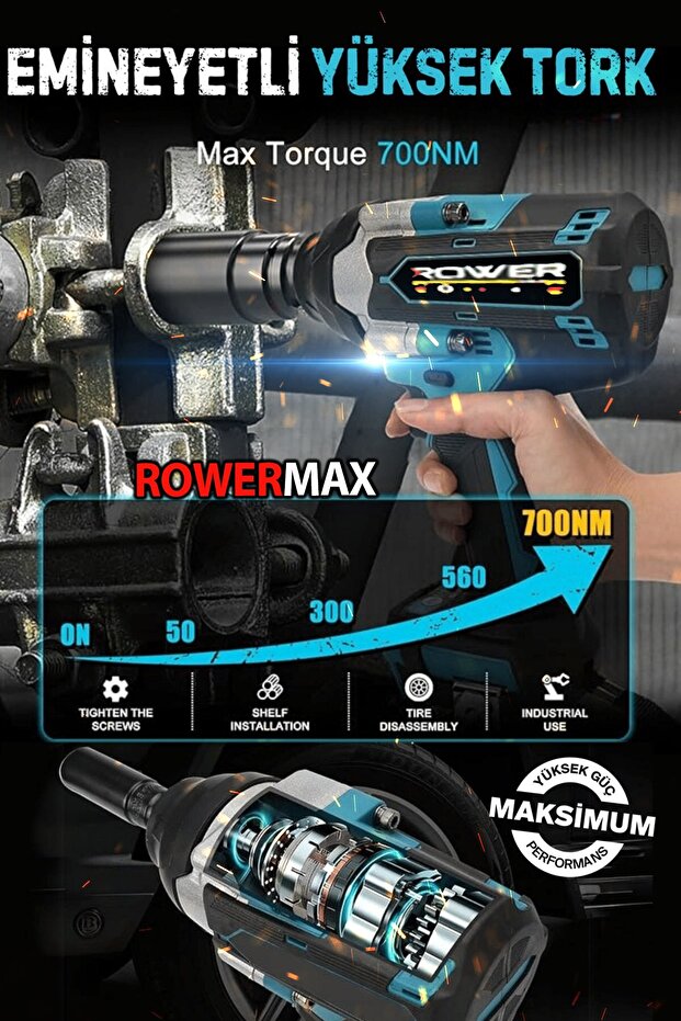 ROWEMAX  En Güçlü Somun Sökme Makinası 99880VFX  8000 mA Yüksek Tork Akülü Somun Bijon Sökme Takma - 2