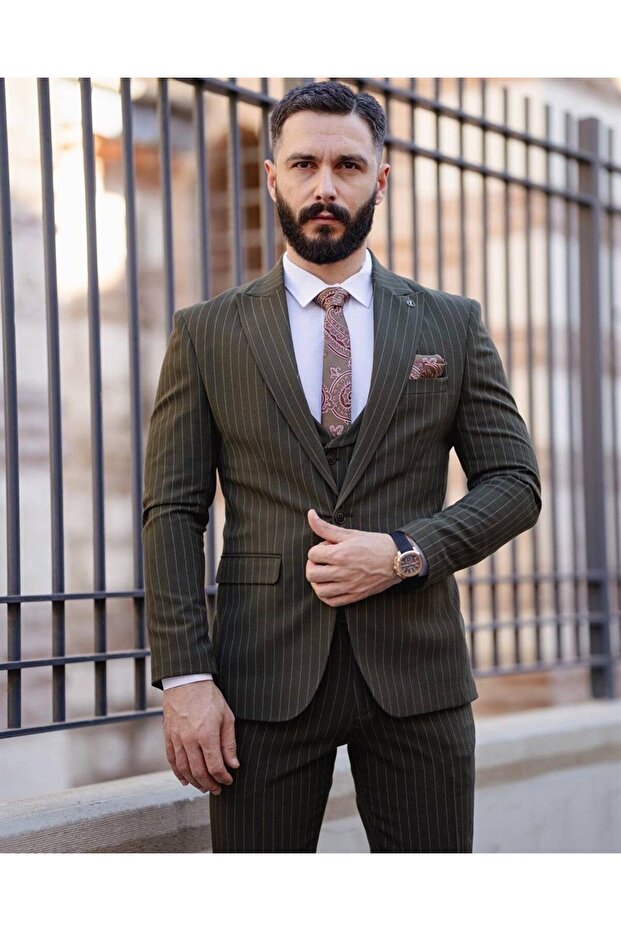ITALIAN CUT STRIPED MEN'S GREEN SUIT WITH VEST - SLIM FIT SD4853