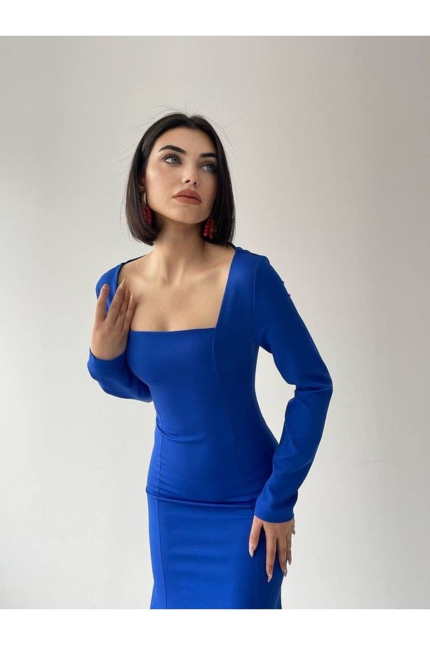 Mesly Uzun Kare Yaka Mavi Elbise - 8