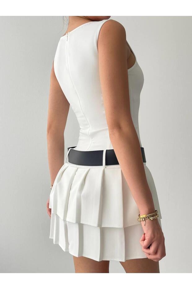 Mini Pileli Kemerli Elbise - 9