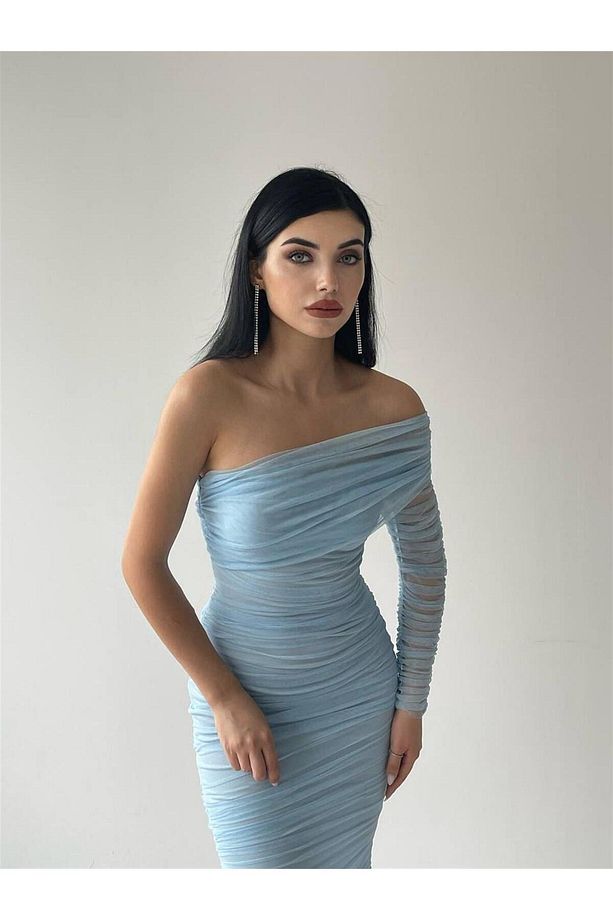 Tek Kol Tül Midi Boy Elbise - 6682 - Bebe Mavi - 7