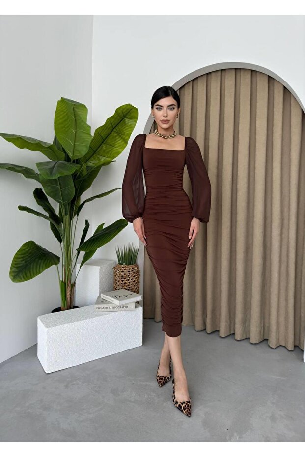 Sildane Drapeli Tül Kol Elbise - 4