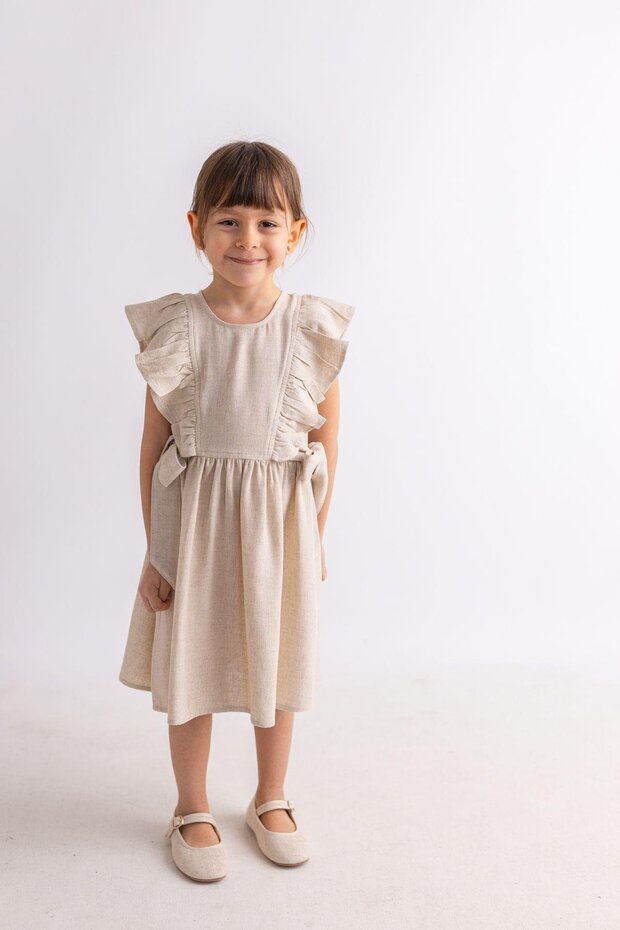 Side Tie Straps Sleeveless Ruffled Linen Back Buttoned Girls' Dress Beige