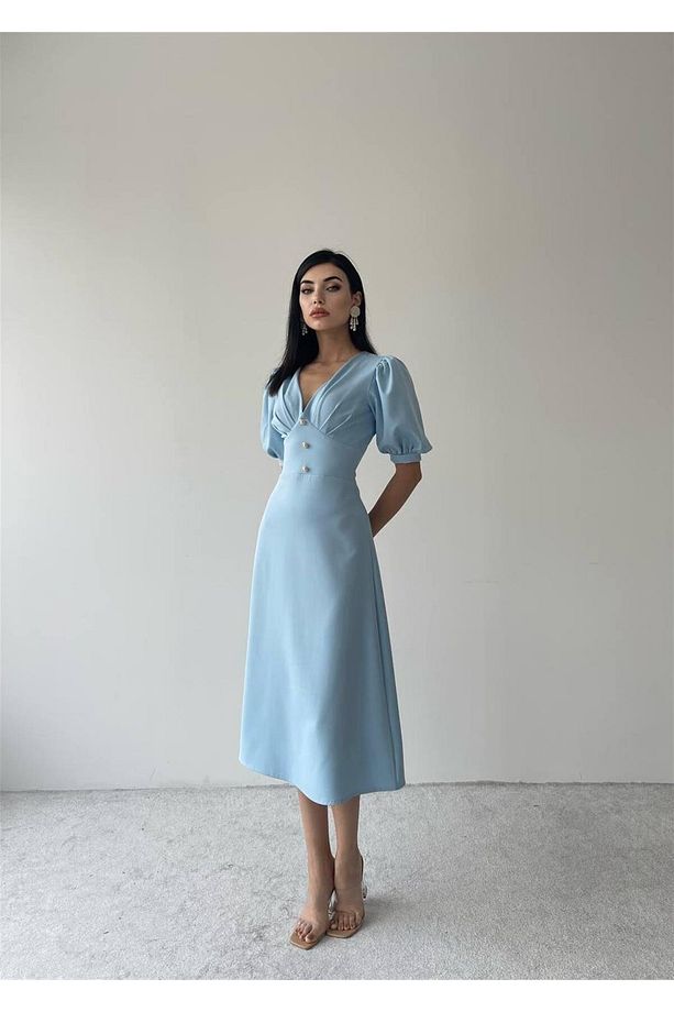 Linda Önü Düğmeli Midi Elbise - Bebe Mavi - 4