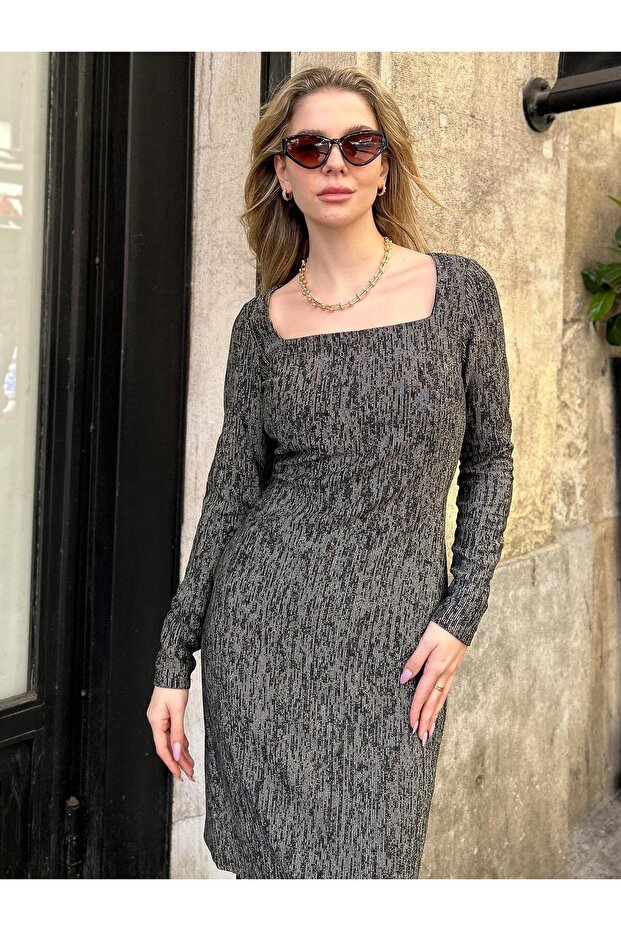 Triko Kare Yaka Siyah Elbise - 5