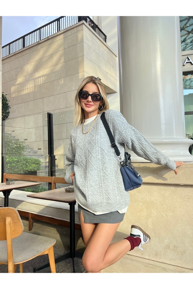 Gray Hair Knit Crew Neck Oversize Women's Sweater