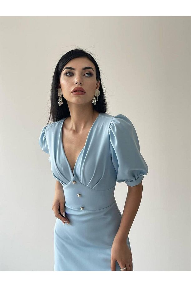 Linda Önü Düğmeli Midi Elbise - Bebe Mavi - 7
