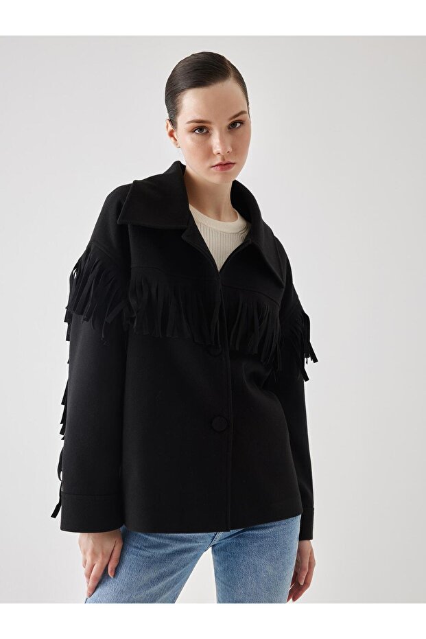 Püsküllü Oversize Siyah Kaşe Ceket - 2