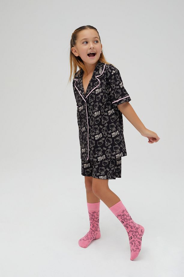 Lisanslı Düğmeli Siyah Kız Çocuk Kısa Kollu Şortlu 100% Pamuklu Pijama Takım Roz-250C - 1