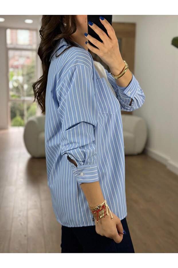 Garnili Poplin Gömlek-Mavi - 3