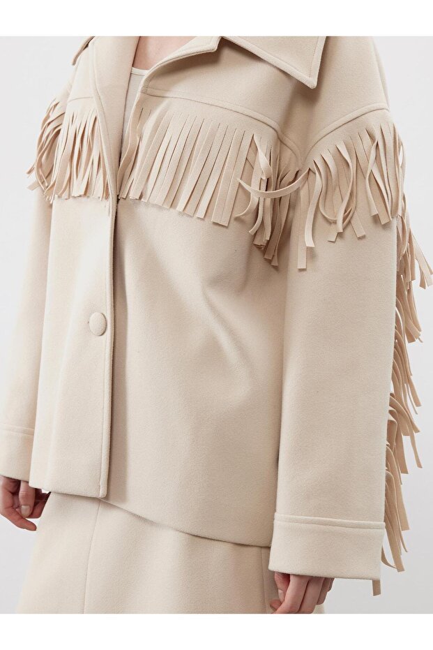 Püsküllü Oversize Bej Kaşe Ceket - 4