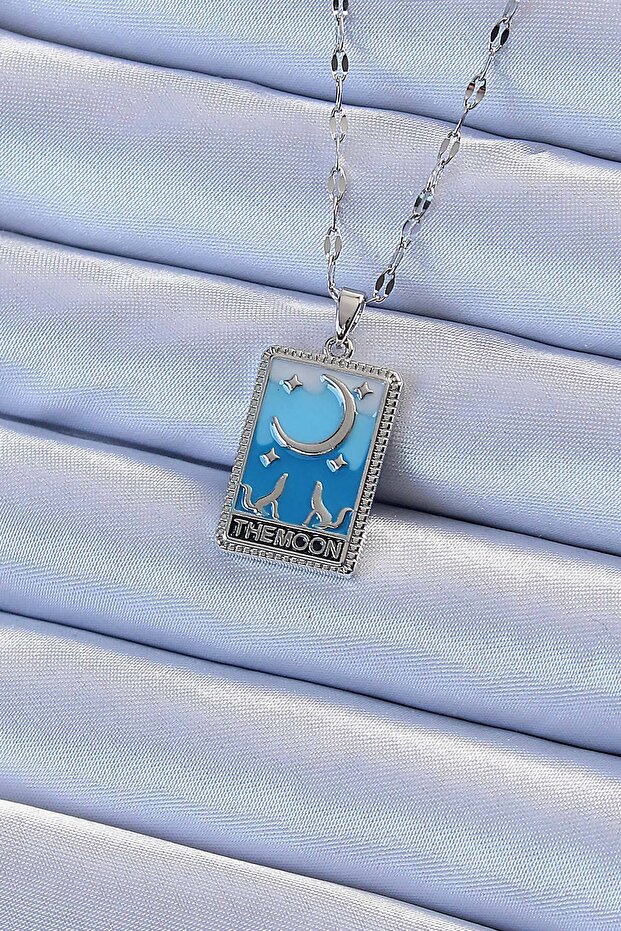 316L Steel Chain Silver Color Blue Enamel Moon Figure Tarot Necklace