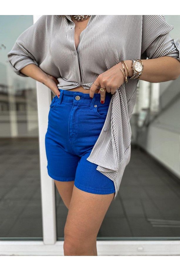 Saks Rengi Yüksek Bel Mom Şort - 3