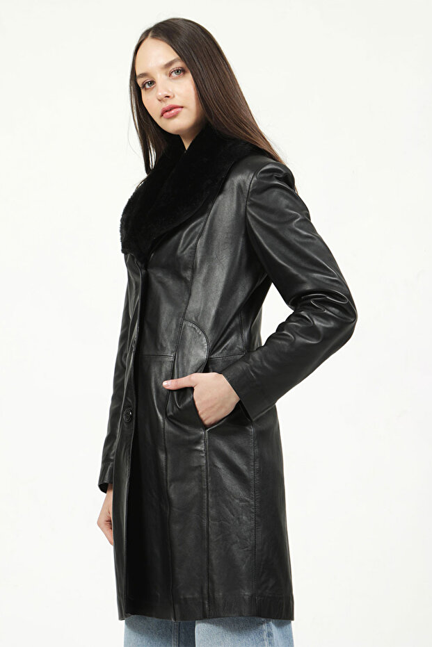 Yb312 Real Leather Women's Trench Coat Black