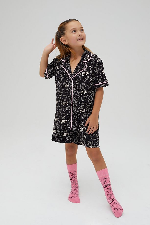Lisanslı Düğmeli Siyah Kız Çocuk Kısa Kollu Şortlu 100% Pamuklu Pijama Takım Roz-250C - 3