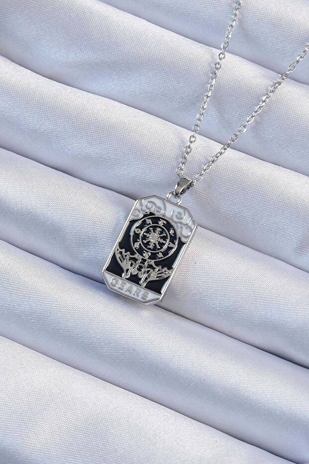 316L Steel Chain Silver Color Embroidered Black Enamel Tarot Necklace