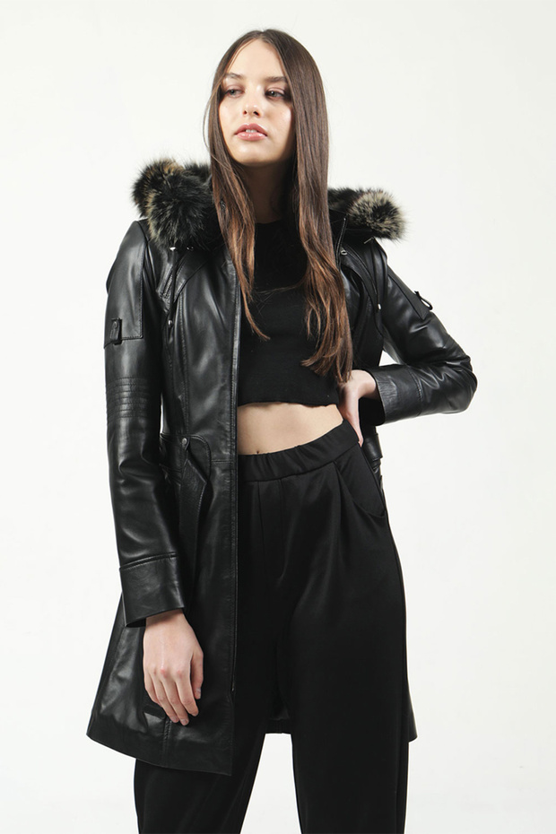 Nairobi Women's Fur Hooded Genuine Leather Trench Coat Black