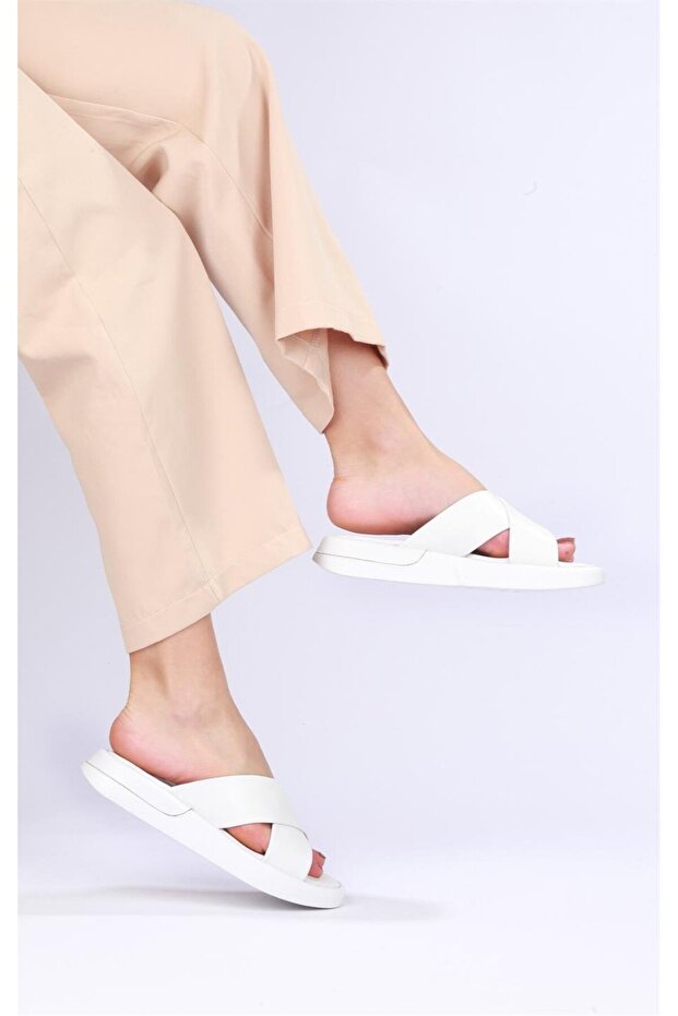 Women's White Genuine Leather Slippers