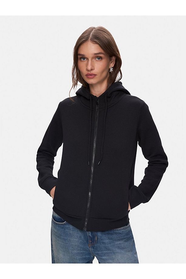 Düz Kapüşonlu Fermuarlı Regular Fit Siyah Sweatshırt - 2