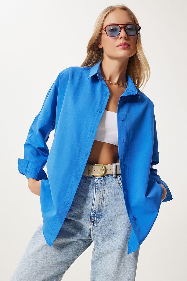 Oversize Basic Gömlek CANLI MAVİ LDD0003 - 2