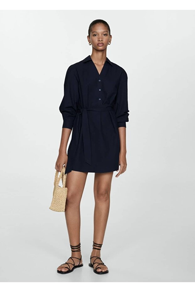 Kuşaklı gömlek elbise - 1