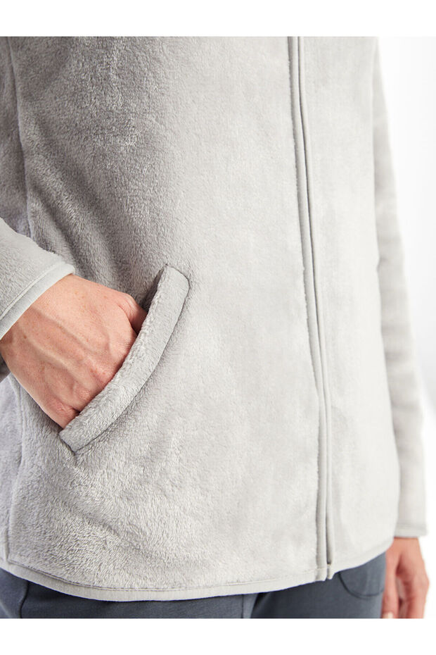 Lw - Kapüşonlu Düz Uzun Kollu Kadın Pelüş Pijama Üst - 3