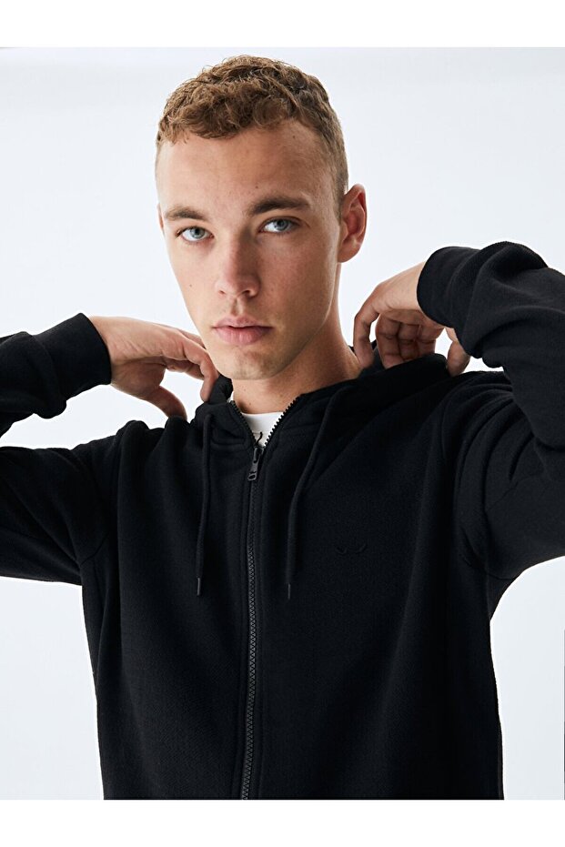 Kapüşonlu Fermuarlı Siyah Sweatshırt - 5