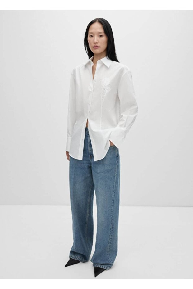 İşleme Detaylı Oversize Poplin Gömlek - 5