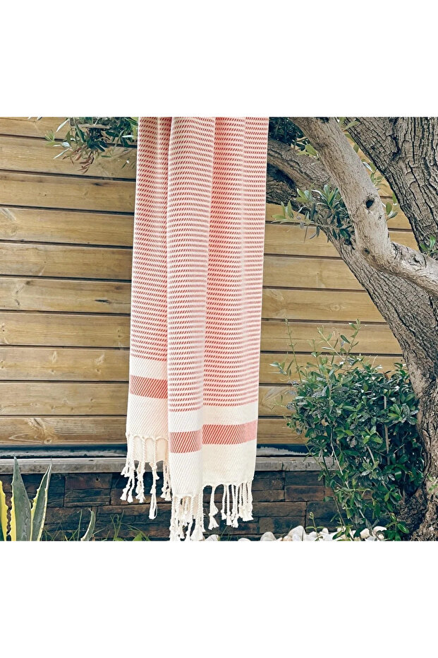 Cross Striped Fringed Peshtemal - Beach Towel 100X180 cm - Orange