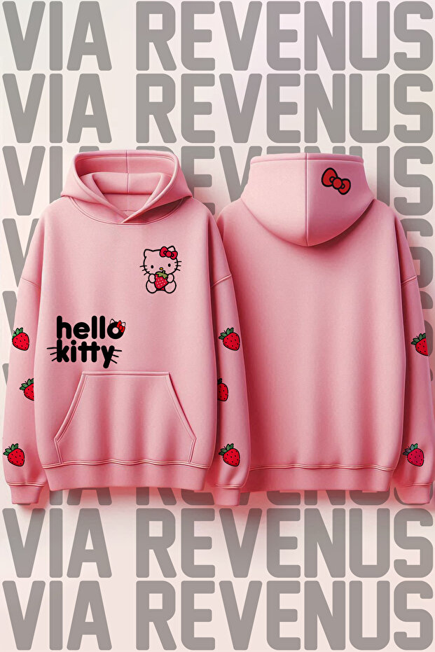 Printed Kangaroo Pocket 3 Thread Raised Wide Fit Hooded Pink Sweatshirt