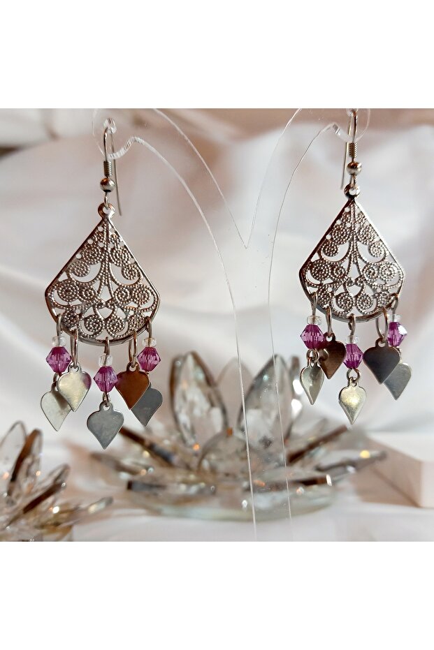 Purple Crystal and Heart Detailed Dangle Earrings