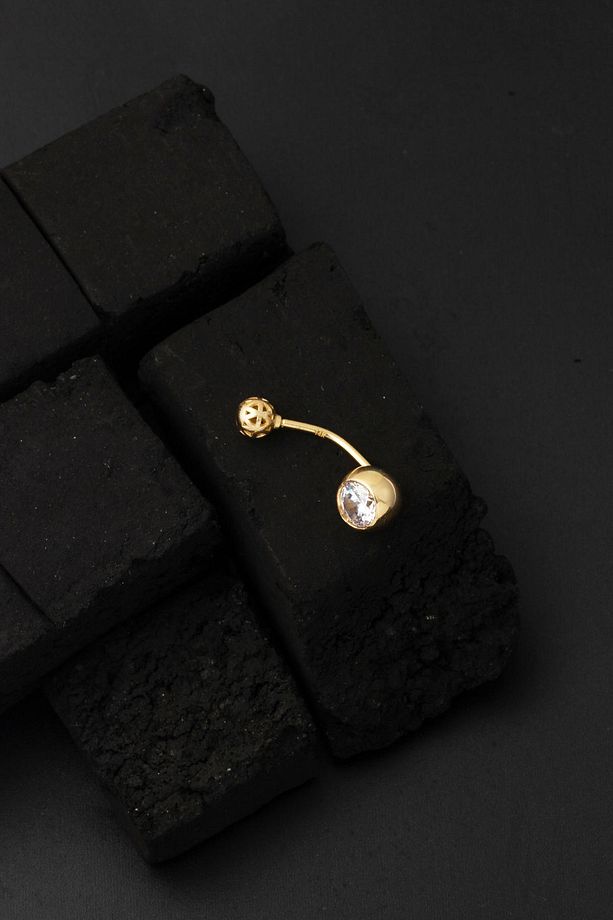 Klasik Tek Taşlı 14 Ayar Altın Göbek Piercing - 6