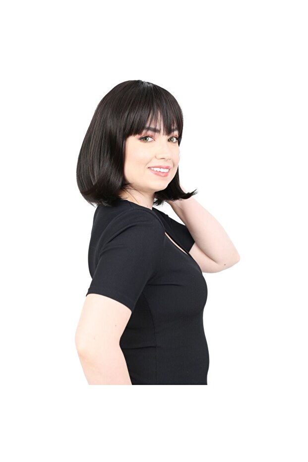 شعر مستعار من الألياف مع غرة مفرودة / بني - 2