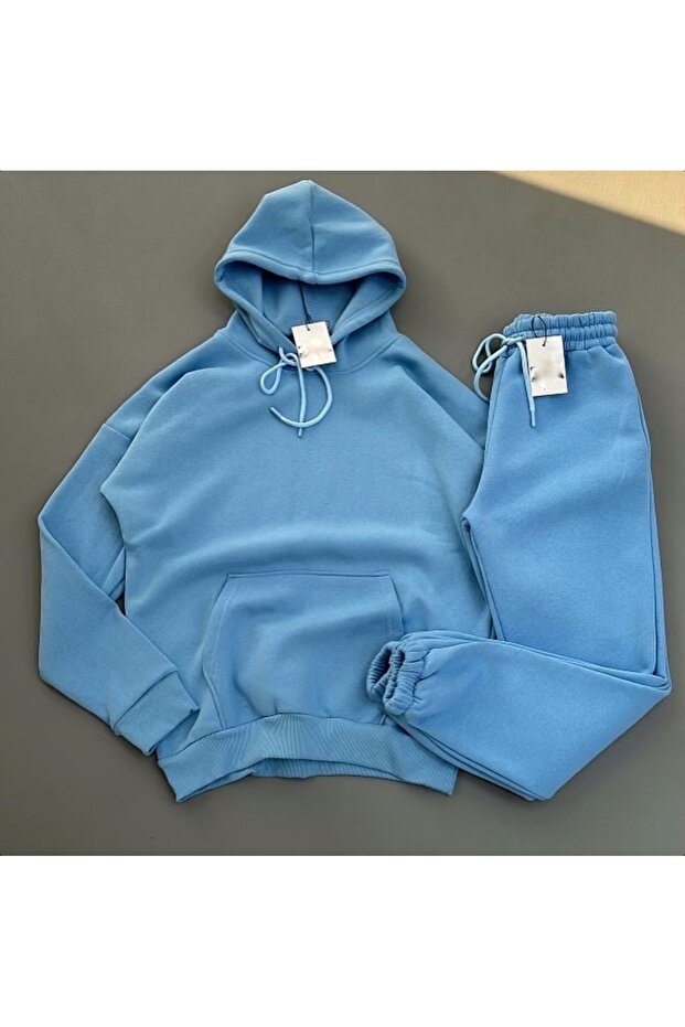 3-Thread Cotton Fabric Winter Unisex Oversized Women Men Long Sleeve Top-Bottom Tracksuit Set