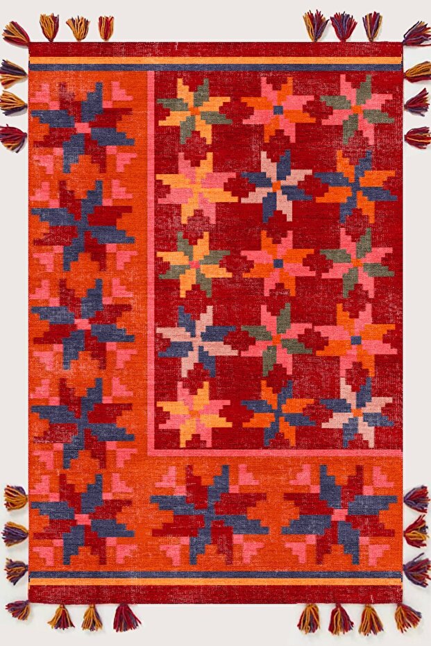 Mira 567 Ethnic Floral Themed Fringed Ethnic Woven Base Rug