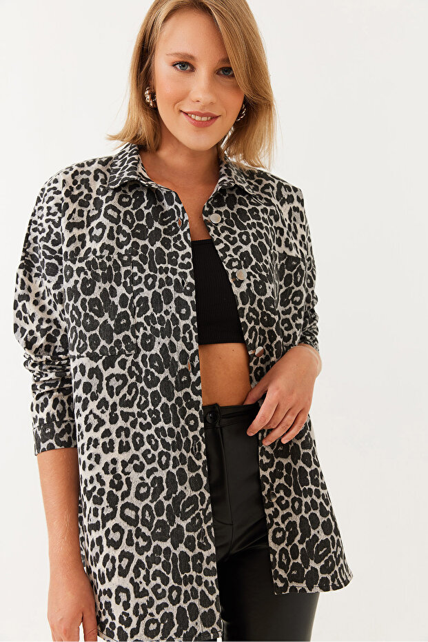 Women's Black Gabardine Leopard Denim Jacket 60251838