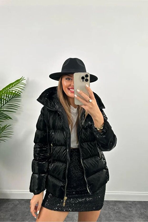 Black Shiny Puffer Puffer Jacket - 5