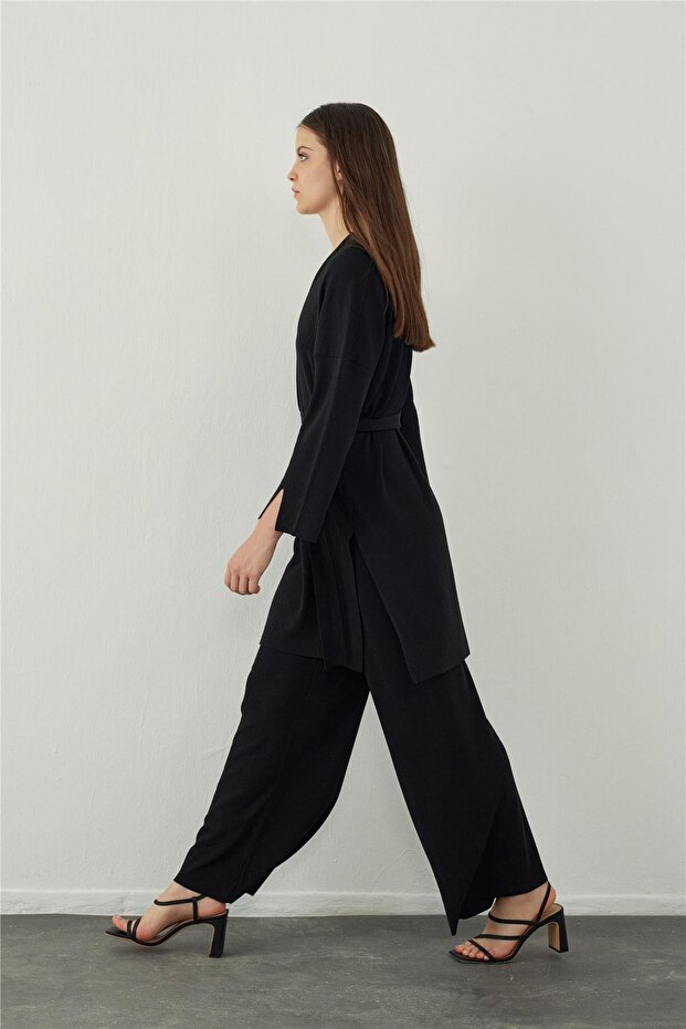 Siyah Boru Paça Basic Triko Pantolon - 3