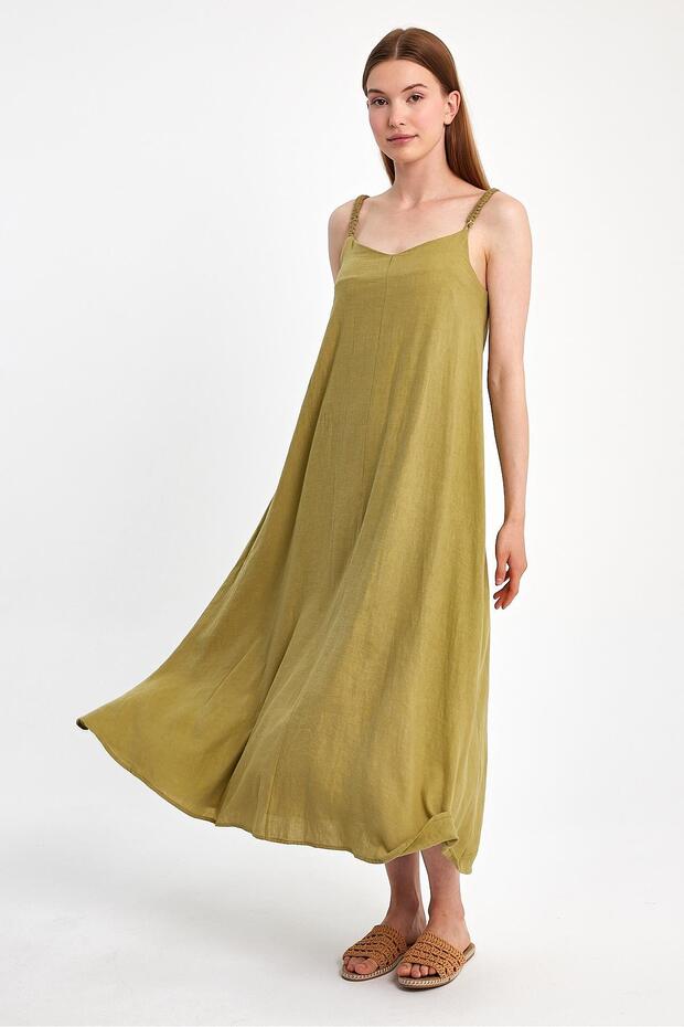 Askılı Keten Elbise - 6