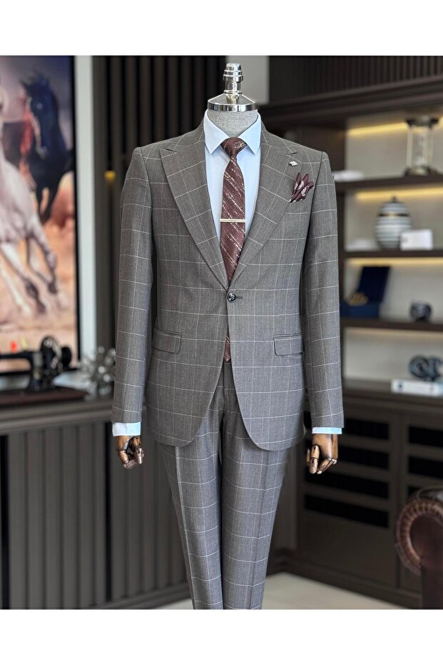 Italian Style Plaid Jacket Pants Suit Brown T10720