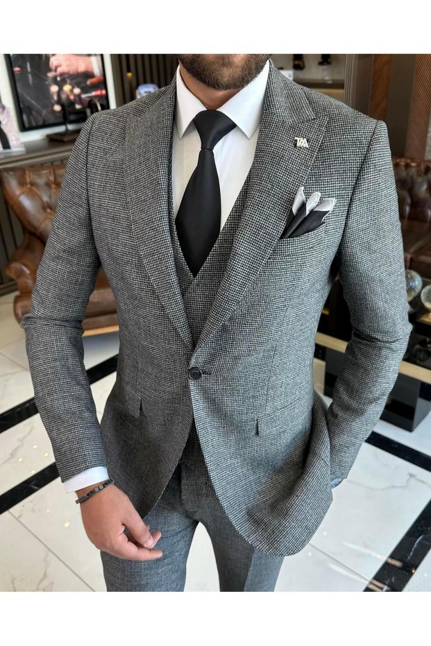Italian style slim fit jacket vest pants suit black T9796