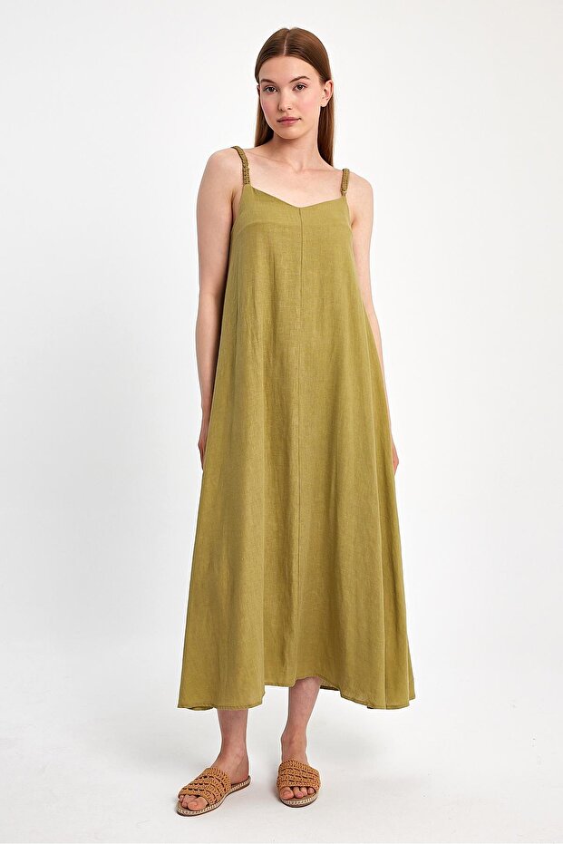 Askılı Keten Elbise - 1