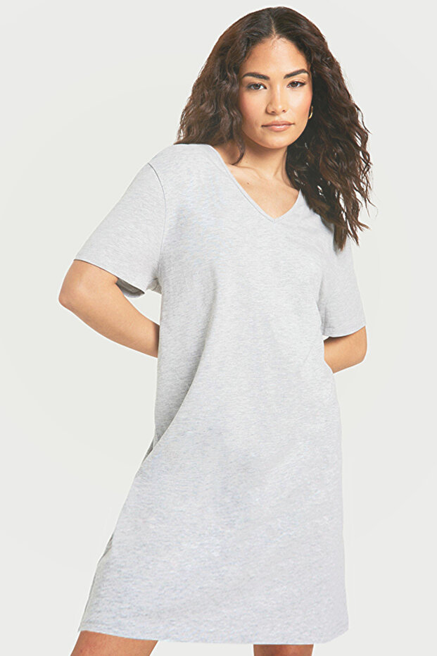 Plain Gray Melange V-Neck Half Sleeve Knee Length Comfortable Home Dress Nightgown