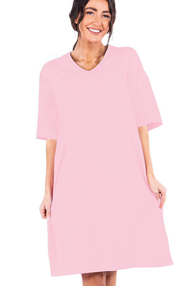 Plain Pink V Neck Half Sleeve Knee Length Comfortable Home Dress Nightgown