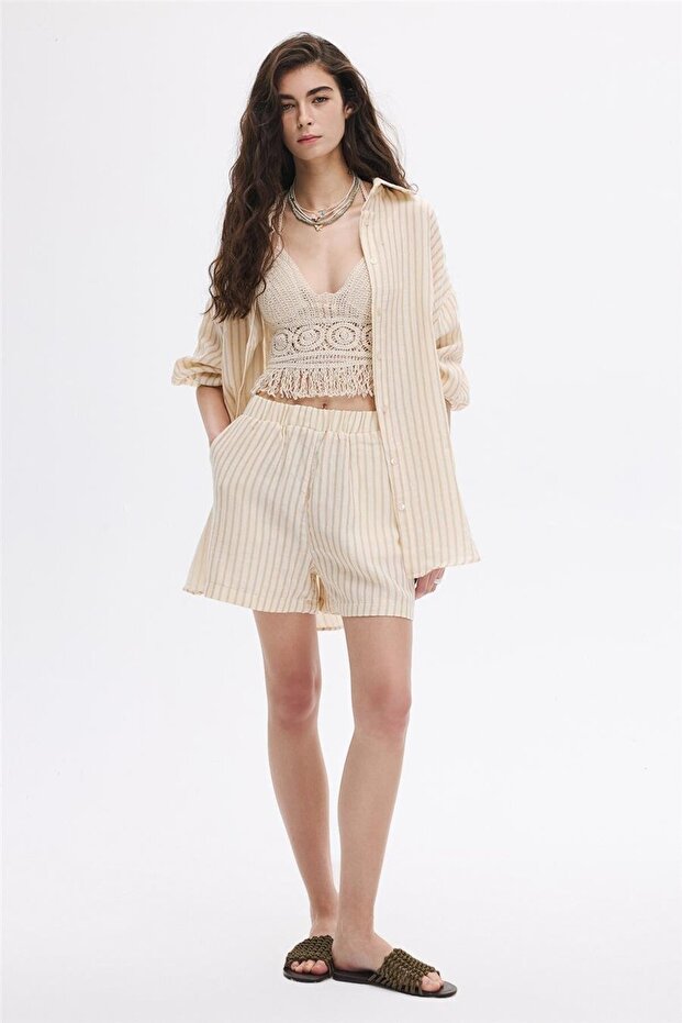 Bej Çizgili Şort - 1