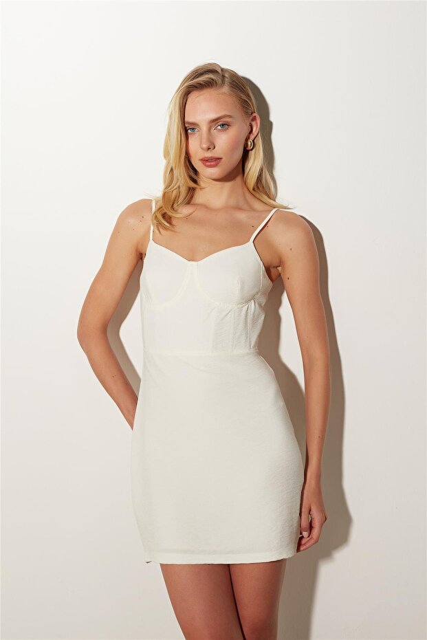 Ekru Askılı Mini Elbise - 3