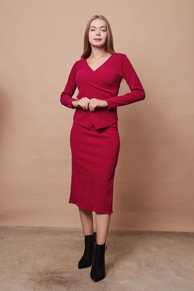 Women's Ribbed Stretchy Winter Velvet Fabric Double Breasted Long Sleeve Blouse (Skirt Jument 105004 )-Wine
