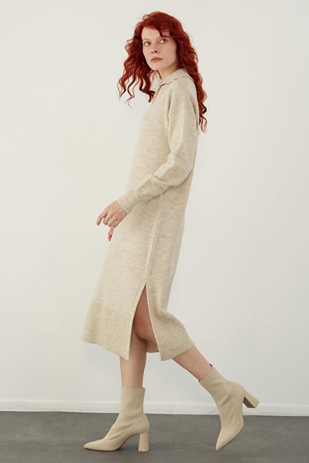 Bej Polo Yaka Basic Midi Triko Elbise - 2