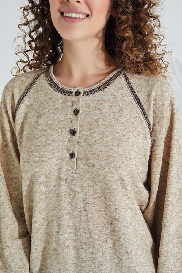 %100 Pamuk Deve Tüyü Kumaş Uzun Kol  Kadın Pijama Takımı 98408 - 3