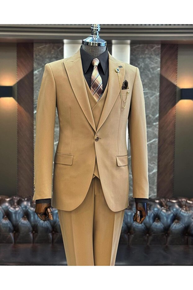 Italian Style Jacket Vest Pants Suit Mink T12006
